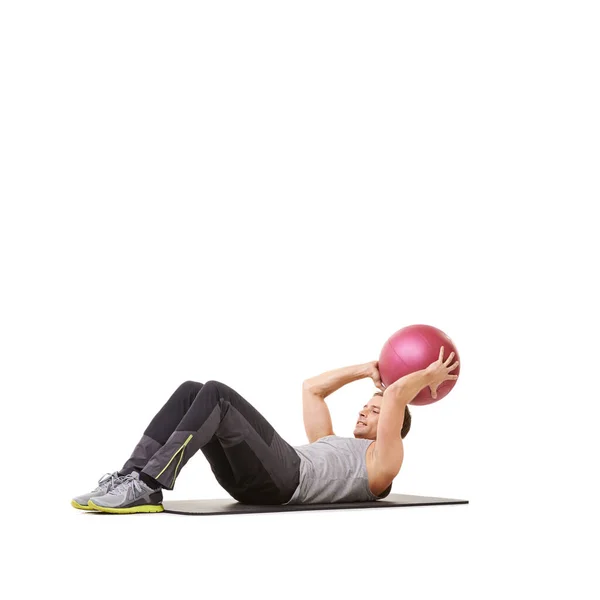 Doing Crunches Young Man Working Out Medicine Ball White Background — Stock Photo, Image