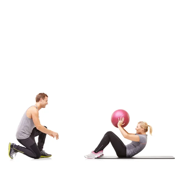 Partners Exercise Man Woman Exercising Abs Passing Medicine Ball Each — Stock Photo, Image