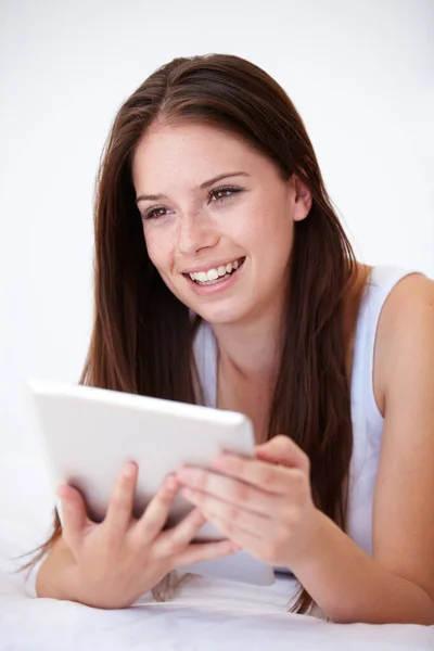 Portable Efficient Gorgeous Young Woman Working Her Digital Tablet — Stock Photo, Image