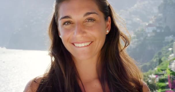 Podróże Lato Twarz Kobiety Uśmiechem Cieszyć Się Wakacje Wakacje Podróż — Wideo stockowe