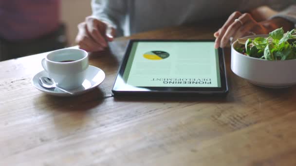 Mani Tablet Business Donna Con Caffè Caffè Lavoro Distanza Freelance — Video Stock