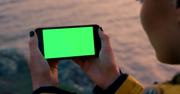 Sunset Phone Mockup Girl Beach App Streaming Tech Screen Marketing — Stock Video