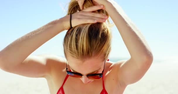 夏天放假时 海滩和太阳镜 在户外为旅行 自由和美丽做马尾辫 在海上阳光下的模型脸 在大自然的蓝天下放松一下 — 图库视频影像