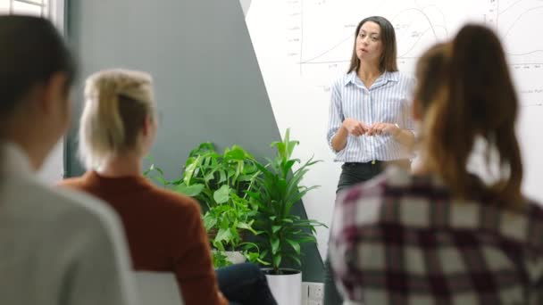 オフィスでホワイトボードを使用してチームを教えるビジネス女性とのミーティング プレゼンテーション データ 役員室で女性従業員コーチングスタッフとのトレーニング コーチング — ストック動画