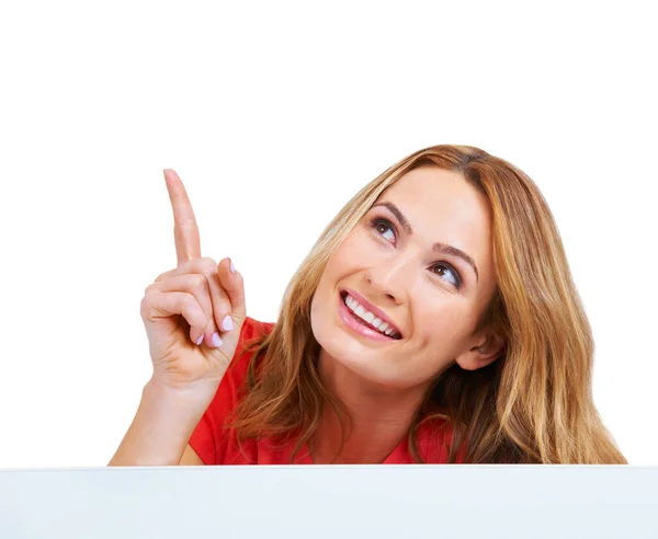 Your Message Goes Young Woman Pointing Copyspacestudio Shot Young Woman — Stock Photo, Image