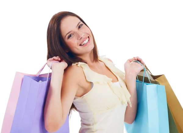 Shopaholic Pretty Young Woman Holding Shopping Bags While Isolated White — Stock Photo, Image