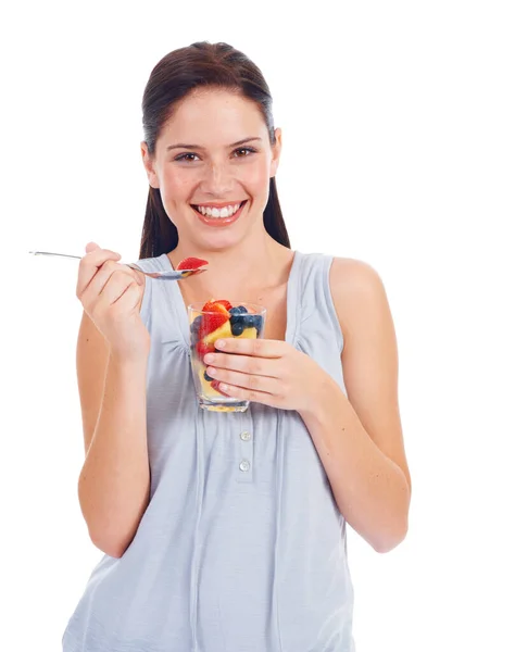 Sabroso Saludable Linda Mujer Joven Comiendo Una Comida Saludable Mientras — Foto de Stock