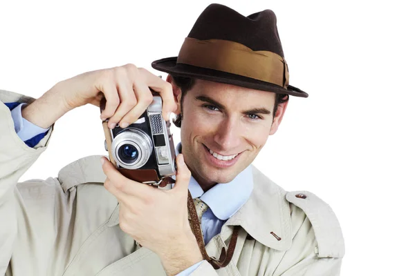 Getting Right Shot Detective Taking Photo Retro Camera White Background — Stock Photo, Image