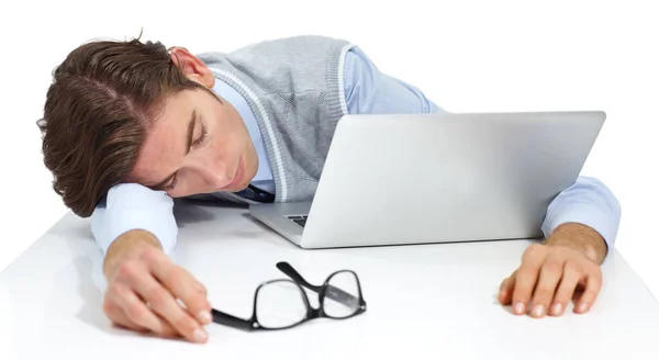 Zapálení Svíčky Obou Koncích Vyčerpaný Mladý Muž Spící Svém Laptopu — Stock fotografie