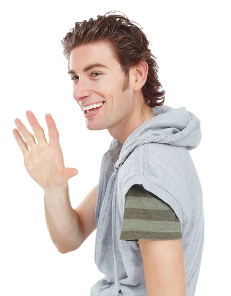 Hey Handsome Young Trendy Male Waving While Isolated White — Stock Photo, Image