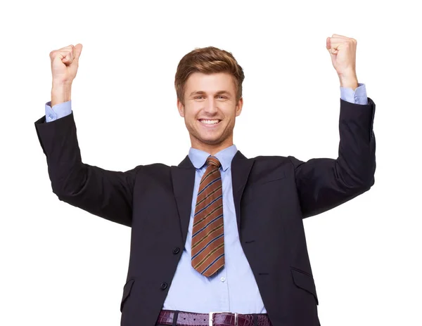 Corporate Ladder Mine Portrait Handsome Young Business Executive Cheering His — Stock Photo, Image
