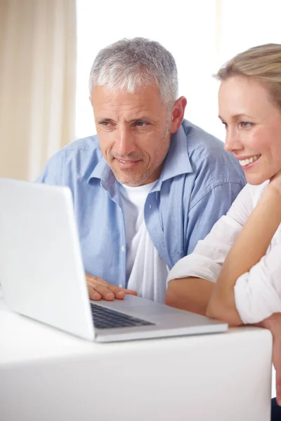 Showing Her New Website Mature Couple Looking Relaxed Work Laptop — Stock Photo, Image