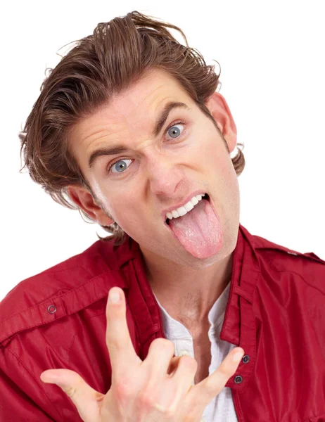 Rock Junger Mann Streckt Die Zunge Heraus Und Gibt Handzeichen — Stockfoto
