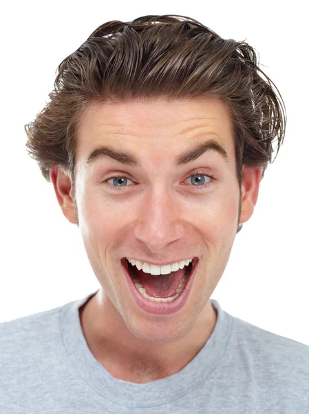 Gibt Gute Nachrichten Glücklicher Junger Mann Der Mit Hochgezogenen Augenbrauen — Stockfoto