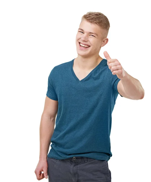 Epic Young Man Giving You Thumbs While Isolated White — Stock Photo, Image