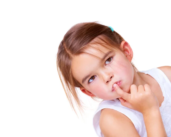 Zastanawiam Się Urocza Dziewczynka Wyglądająca Troskliwie Palcem Ustach — Zdjęcie stockowe
