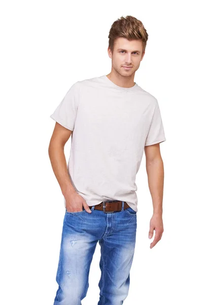 Casual White Portrait Handsome Young Man Standing His Hand His — Stock Photo, Image