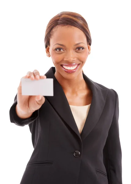 stock image Showing off my business profession. Portrait of a corporate ethnic woman holding up a blank business card