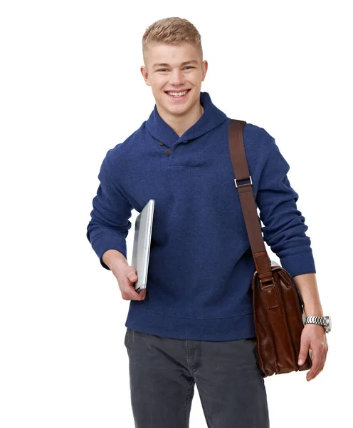 彼は新学期の準備ができている 彼のサッチェルとノートで立ってハンサムな若い学生の肖像画 — ストック写真