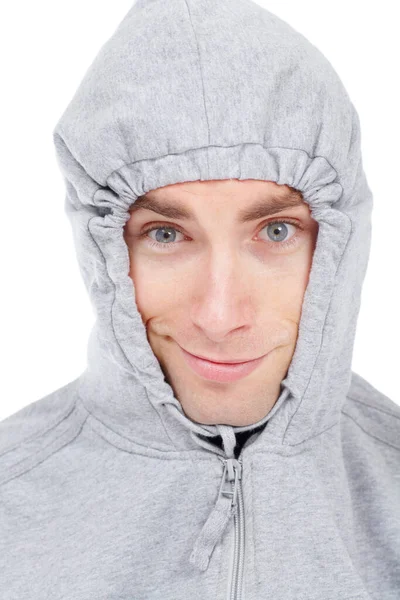 Cobrir Inverno Jovem Usando Capuz Puxado Firmemente Torno Seu Rosto — Fotografia de Stock