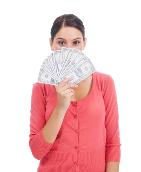 Para Konuşur Güzel Genç Bir Kadın Ağzını Bir Tomar Parayla — Stok fotoğraf