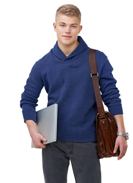 他准备好迎接新学期了 一个年轻英俊的学生拿着他的书包和笔记本电脑站在那里的画像 — 图库照片