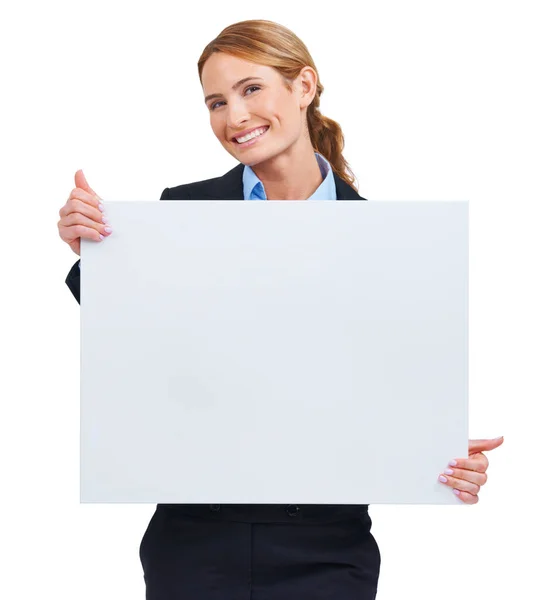 Adding Smile Copyspace Young Businesswoman Holding Placard Smiling Royalty Free Stock Photos