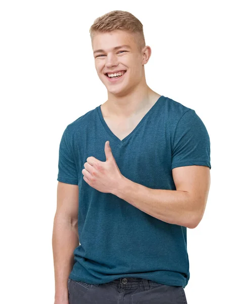 Awesome Young Man Giving You Thumbs While Isolated White — Stock Photo, Image