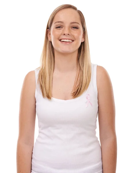 Sak Värd Att Stödja Ung Kvinna Med Ett Bröstcancerband Isolerat — Stockfoto