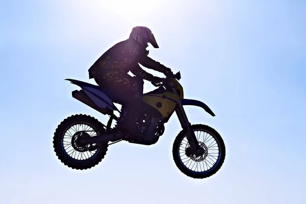 Zawieszony Kosmosie Sylwetka Motocyklisty Skaczącego Błękitne Niebo — Zdjęcie stockowe