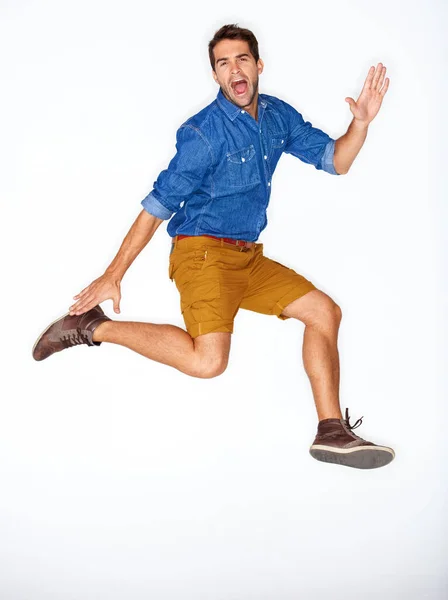 Yeah Stylish Young Guy Jumping White Background — Stock Photo, Image