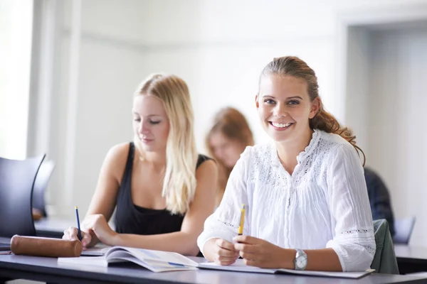 Shes Ein Student Ein Lächelndes Teenager Mädchen Sitzt Einem Klassenzimmer — Stockfoto