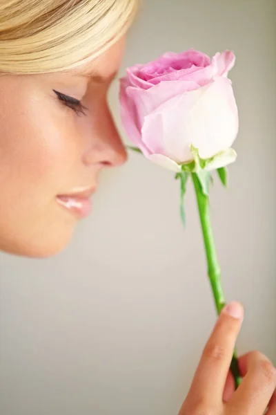 Beauty and the rose. Profile of a young woman holding a pink rose against her nose