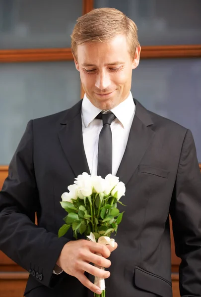 Roses Almost Beautiful She Portrait Handsome Man Holding Bunch White — Stock Photo, Image