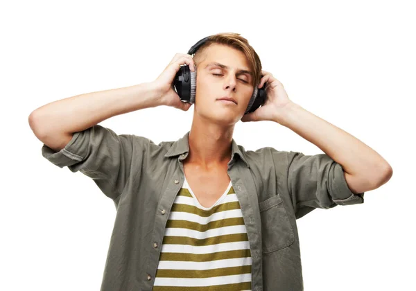 Музыка Звучат Чувства Молодой Человек Слушает Музыку — стоковое фото
