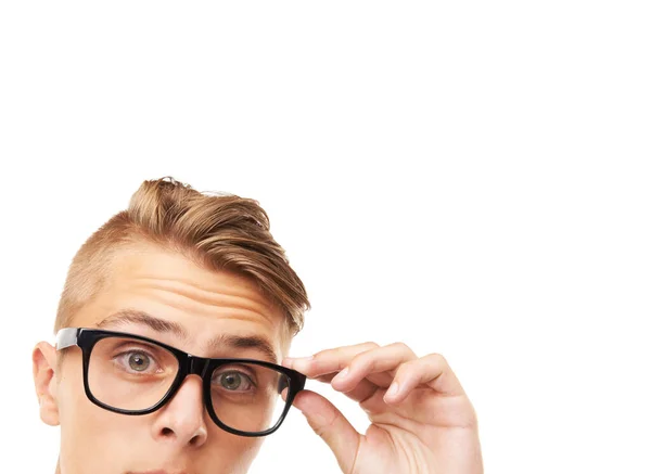 Want Borrow Glasses Cropped Portrait Young Mans Face His Hand — Stock Photo, Image
