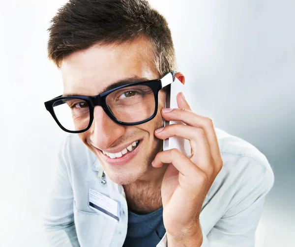 You Second Portrait Smiling Male Hipster Glasses Talking His Cellphone — Stock Photo, Image