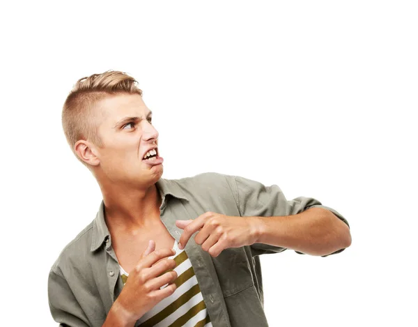 Dont Looks Studio Shot Young Man Recoiling Disgust Copyspace — Stock Photo, Image