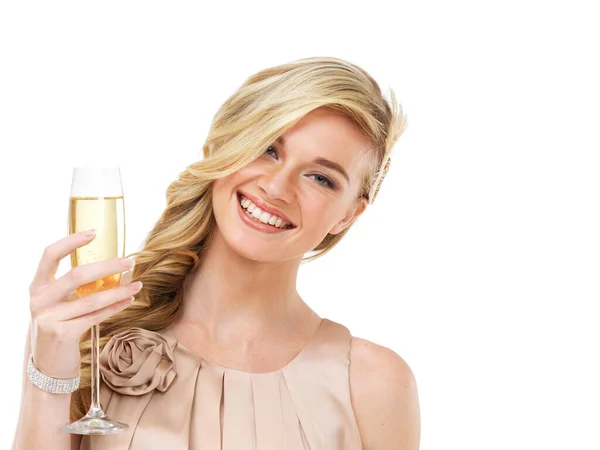 Smile Its Time Celebrate Closeup Smiling Young Woman Holding Glass — Stock Photo, Image