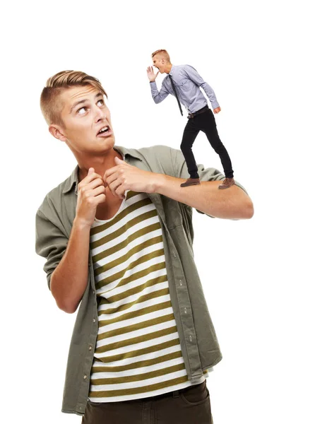 Alter Ego Issues Trendy Young Man Being Shouted Small Alter — Stock Photo, Image