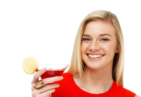 Piję Dobre Życie Zbliżenie Uśmiechniętej Młodej Kobiety Trzymającej Koktajl — Zdjęcie stockowe