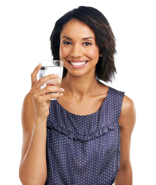 Importante Mantenerse Hidratado Retrato Una Mujer Bonita Sosteniendo Vaso Agua — Foto de Stock