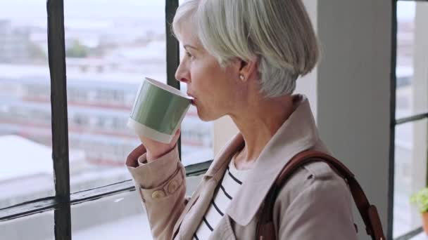 사업가 사무실에서 창문으로 커피를 마시거나 생각하는 스튜디오나 마케팅 에이전시 관리자 — 비디오