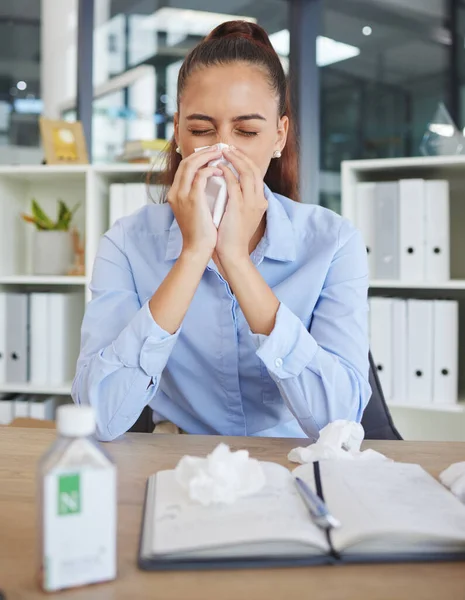 Allergy, nose and sick business woman in office for healthcare risk, career stress and safety of dust, covid 19 or virus. Allergies, tissue and medicine of corporate employee in workplace compliance.