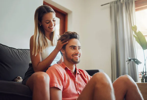 Loving Young Caucasian Couple Sitting Together Home Spending Time Happy — Foto Stock