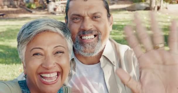 爱老年人夫妇和视频通话与波浪 沟通和浪漫的户外连接 拉丁女人和男人在自然界中的谈话 记录和微笑 放松和健康的关系 — 图库视频影像