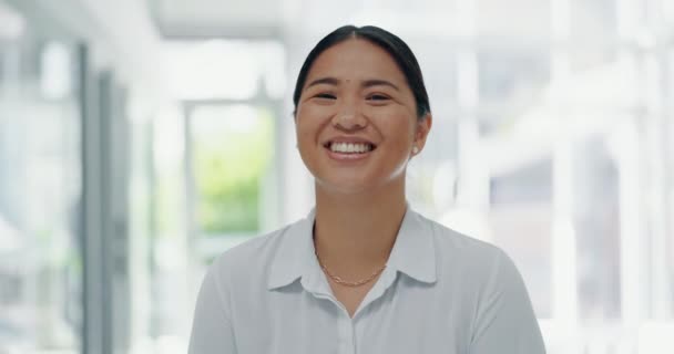 オフィスのアジア人 女性弁護士は 日本の企業機会に興奮しています スマート キャリアの肖像画のための明るい笑顔で法律事務所で幸せとプロの弁護士 — ストック動画