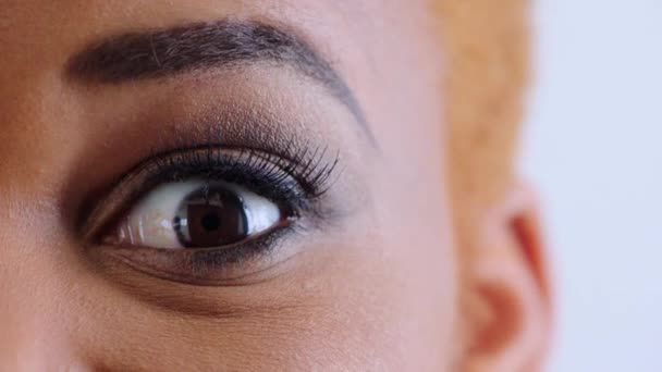 黑人妇女 眼睛放大和在工作室的半人半人脸肖像化妆品 护肤皮肤科或视力良好 尼日利亚面部护理和非洲妇女睫毛或镜片 — 图库视频影像