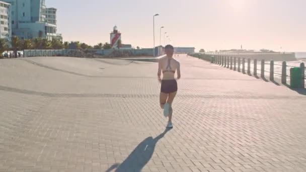 運動の健康 マラソントレーニングやスポーツの動機のために実行されているフィットネス ビーチや女性ケープタウンプロムナード太陽 健康的なライフスタイルのための海によるアスリート ランナー 心臓のトレーニング — ストック動画