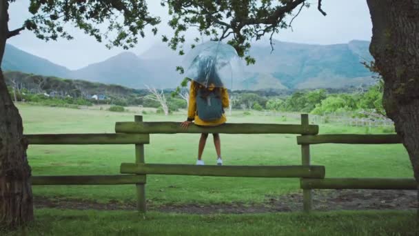 Раин Умница Девушка Заборе Сельской Местности Наслаждаясь Погодой Живописным Видом — стоковое видео